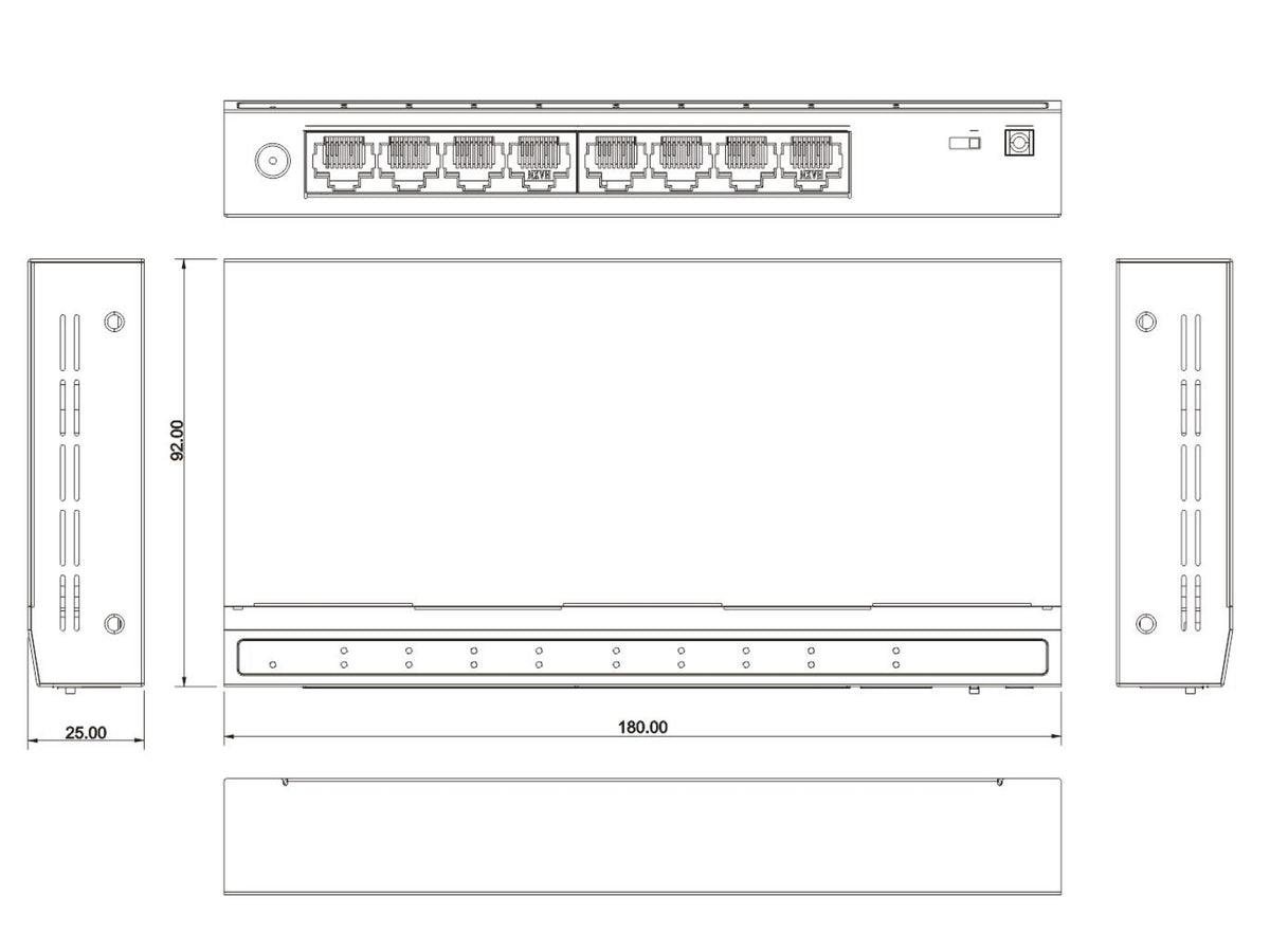 8x Port Netzwerk Gigabit Switch, 16Gbps Kapazität, Unmanaged, CCTV-Modus, geschirmte RJ-45 Ports, Lüfterloses Metallgehäuse –