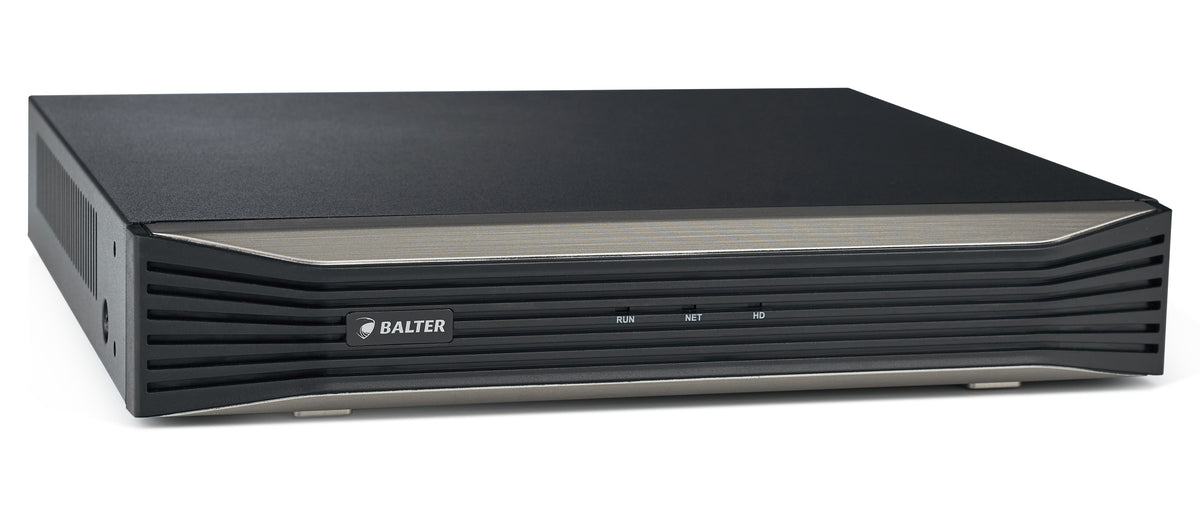 BALTER X ECO 4-Kanal PoE Netzwerk Rekorder, 4K UHD, H.265, 64Mbit, VCA Suche, HDMI 4K, Cloud P2P, PTZ, Audio Out, ONVIF, 48V 