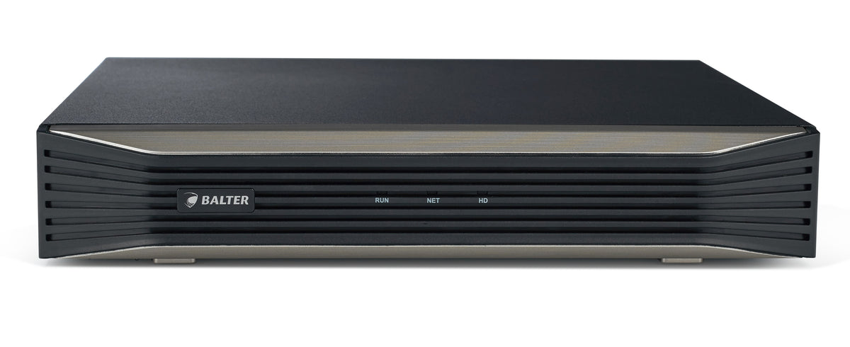 BALTER X ECO 4-Kanal PoE Netzwerk Rekorder, 4K UHD, H.265, 64Mbit, VCA Suche, HDMI 4K, Cloud P2P, PTZ, Audio Out, ONVIF, 48V 