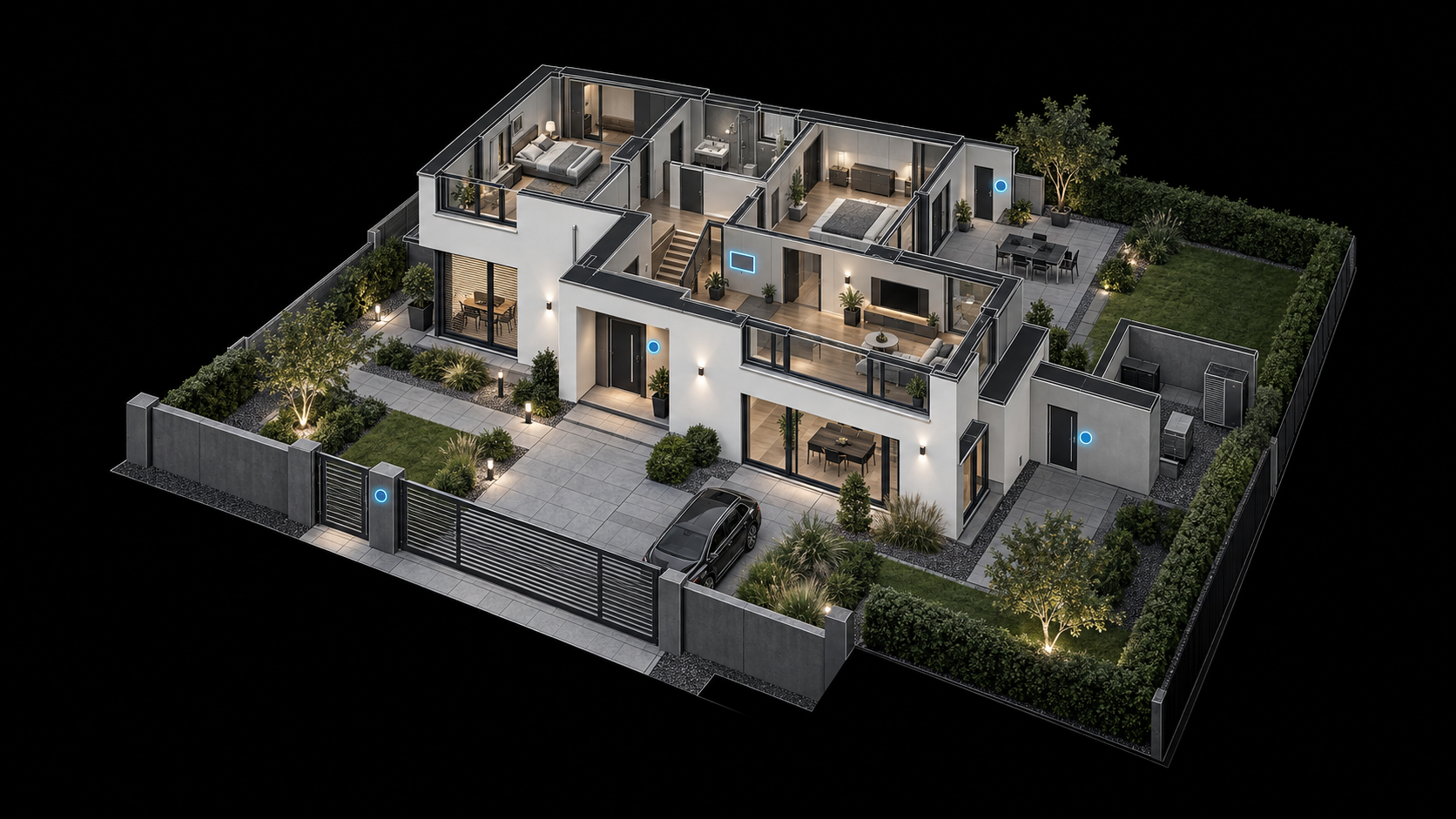 Beispiel eines Hauses mit Einfahrtstor, Gartentür, Haustür, Terrassenzugang und Nebeneingang